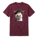A maroon short-sleeve crewneck t-shirt for adult featuring a graphic of a farm animal on the front.