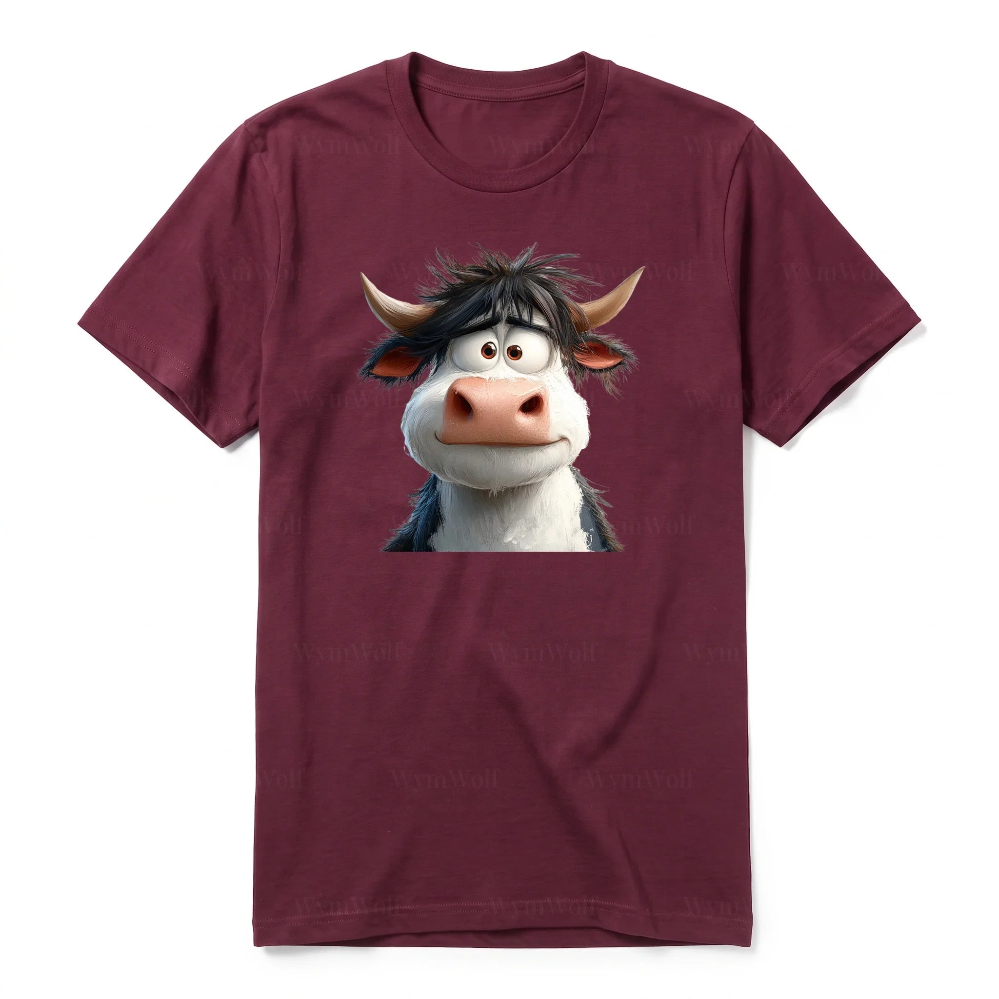A maroon short-sleeve crewneck t-shirt for adult featuring a graphic of a farm animal on the front.