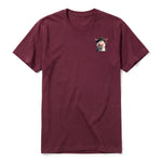 A maroon short-sleeve crewneck t-shirt for adult featuring a graphic of a farm animal on the left chest.