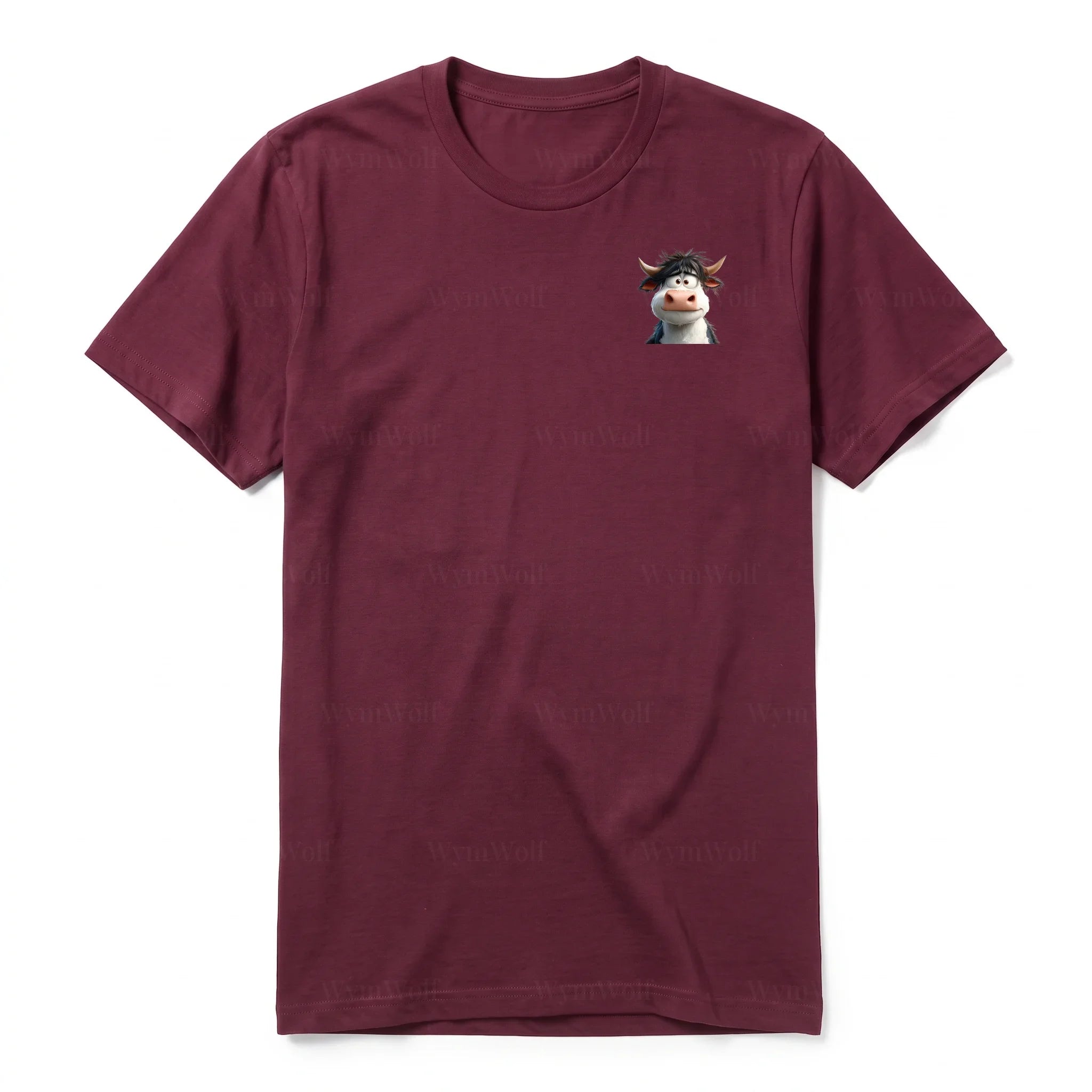 A maroon short-sleeve crewneck t-shirt for adult featuring a graphic of a farm animal on the left chest.