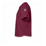 A maroon short-sleeve crewneck t-shirt  featuring a small graphic of a farm animal on the upper left sleeve.