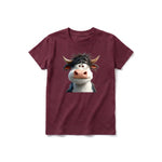 A maroon short-sleeve crewneck t-shirt for youth featuring a graphic of a farm animal on the front.