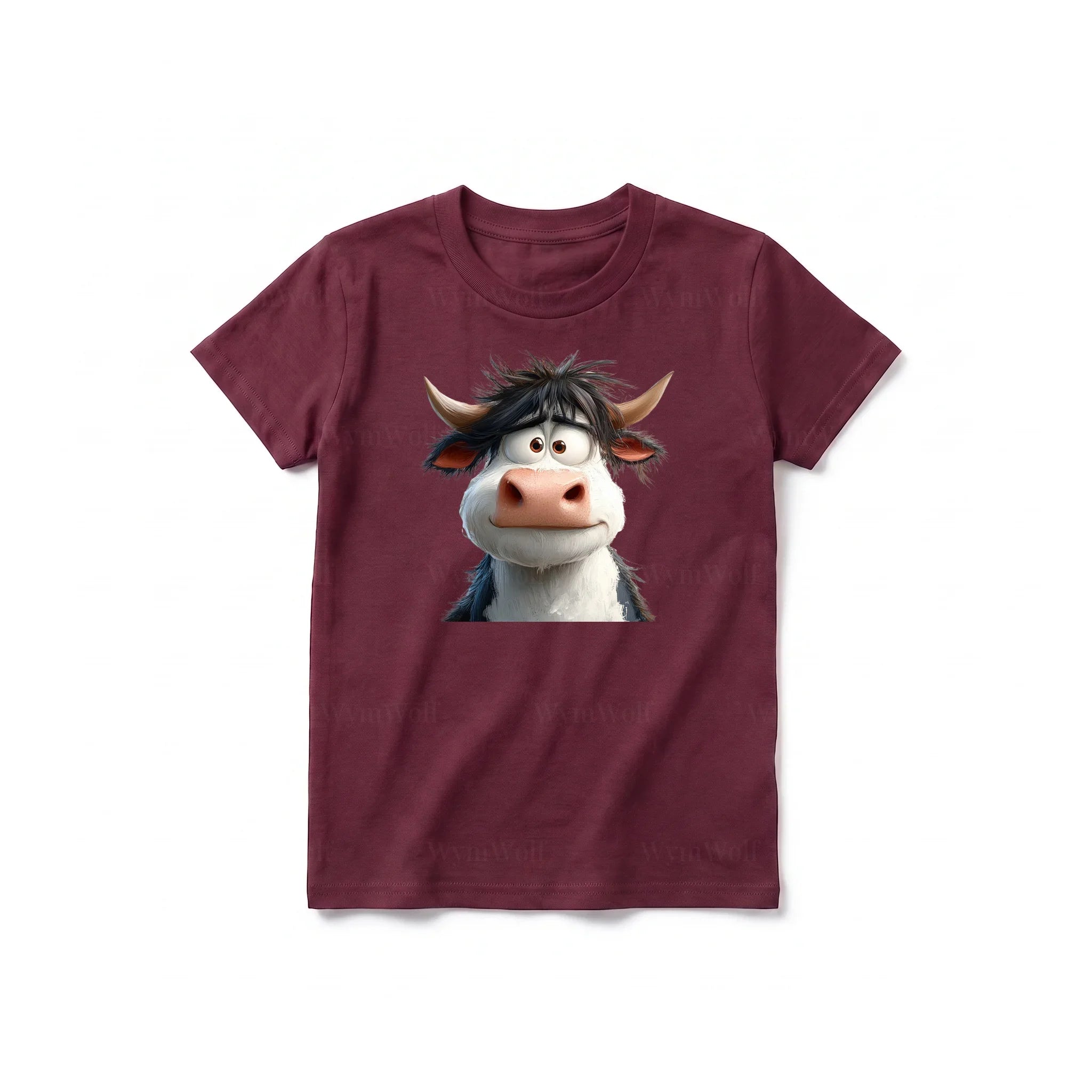A maroon short-sleeve crewneck t-shirt for youth featuring a graphic of a farm animal on the front.
