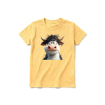 Un T-shirt moutarde à manches courtes et col rond pour jeune, orné d'un motif représentant un animal de la ferme sur le devant.