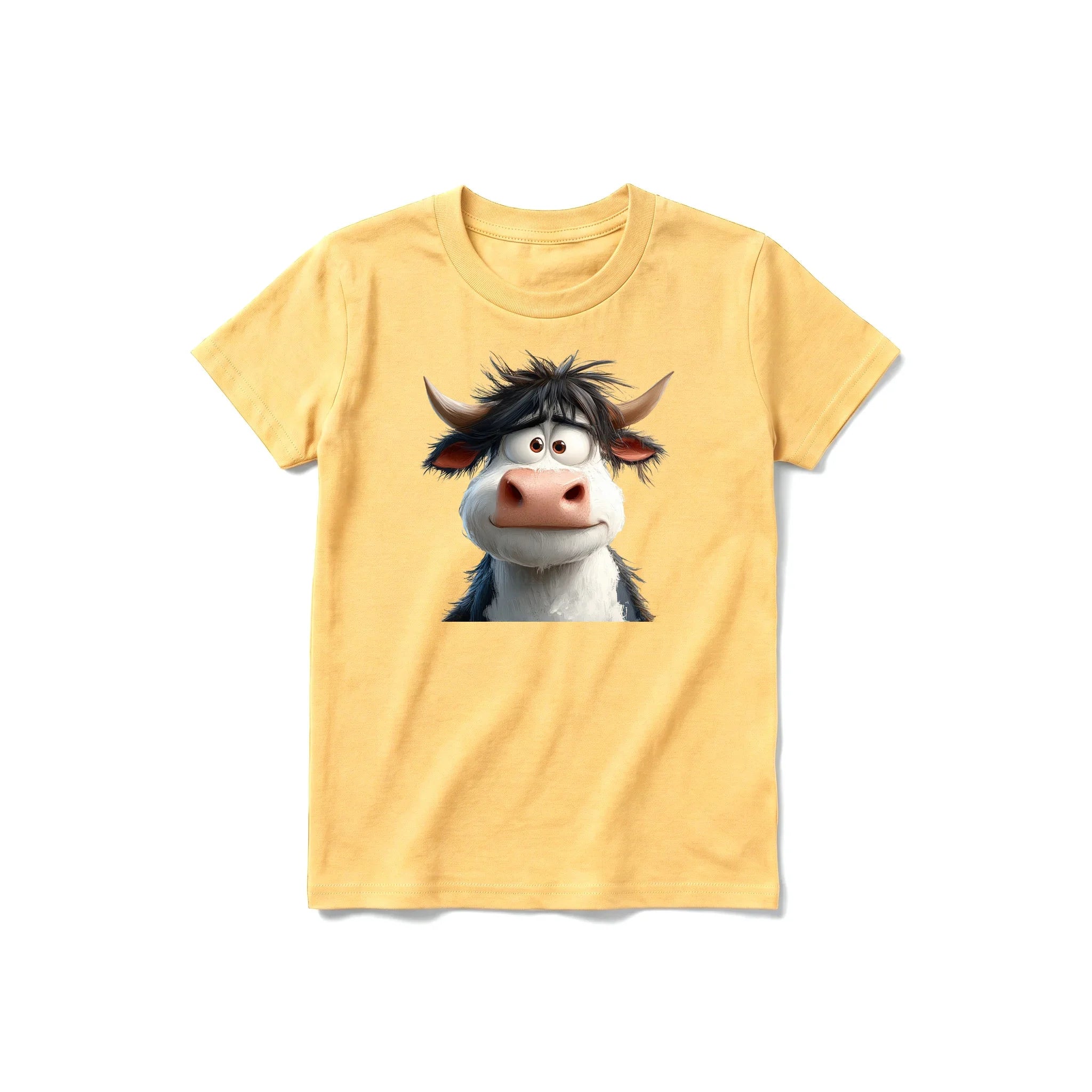 Un T-shirt moutarde à manches courtes et col rond pour jeune, orné d'un motif représentant un animal de la ferme sur le devant.