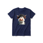 A navy short-sleeve crewneck t-shirt for youth featuring a graphic of a farm animal on the front.