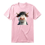A pink short-sleeve crewneck t-shirt for adult featuring a graphic of a farm animal on the front.