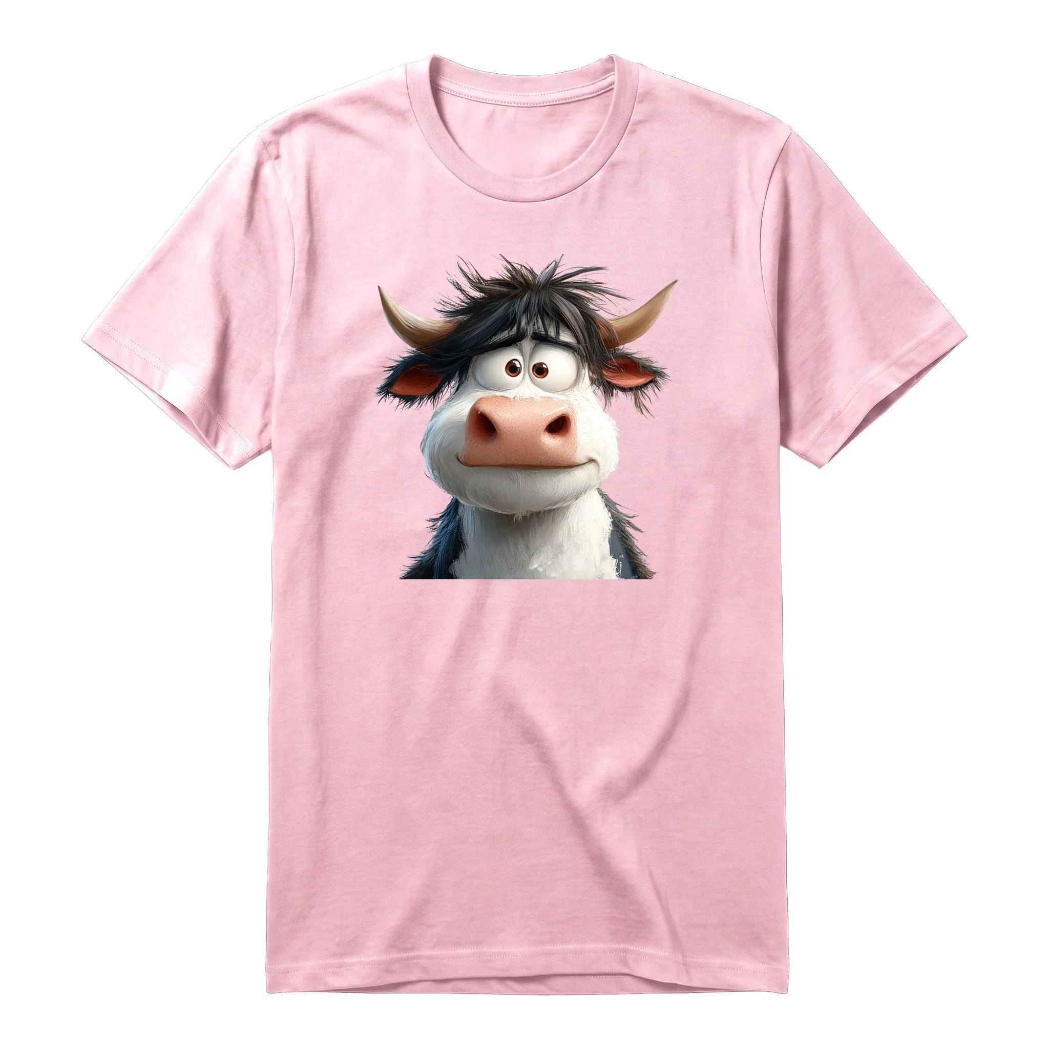 A pink short-sleeve crewneck t-shirt for adult featuring a graphic of a farm animal on the front.