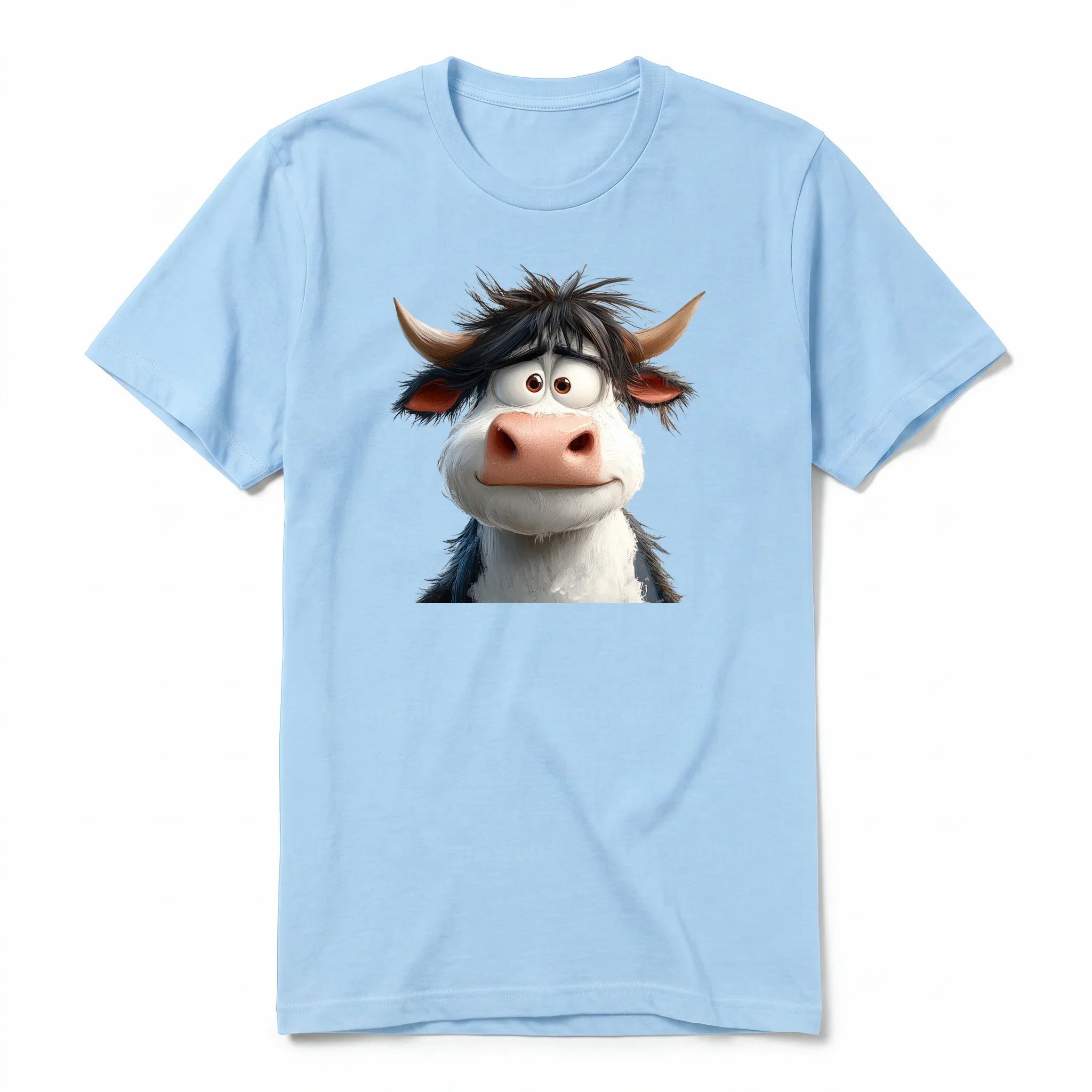 A powder short-sleeve crewneck t-shirt for adult featuring a graphic of a farm animal on the front.