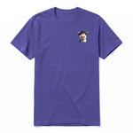 A purple short-sleeve crewneck t-shirt for adult featuring a graphic of a farm animal on the left chest.