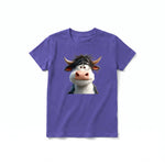 A purple short-sleeve crewneck t-shirt for youth featuring a graphic of a farm animal on the front.