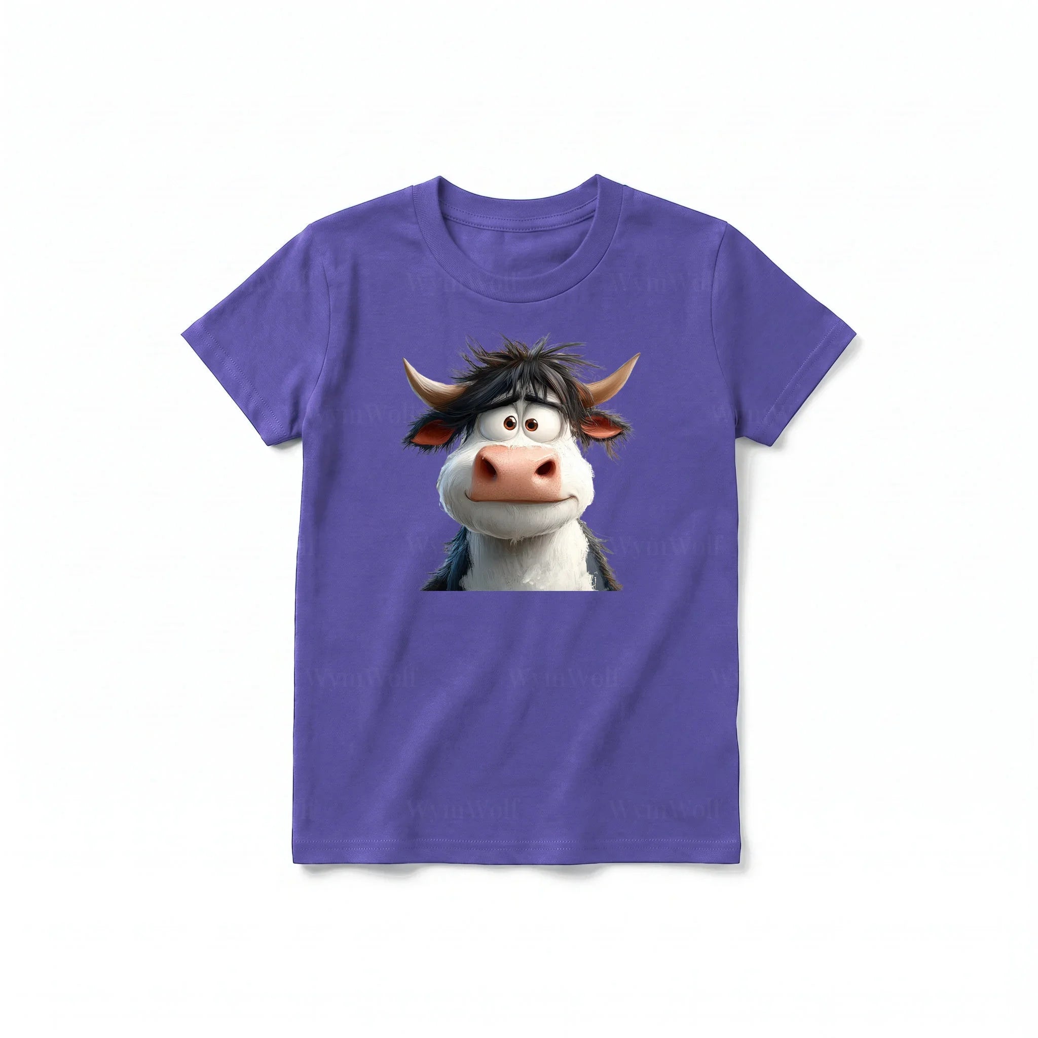 A purple short-sleeve crewneck t-shirt for youth featuring a graphic of a farm animal on the front.