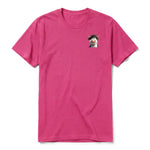 A raspberry short-sleeve crewneck t-shirt for adult featuring a graphic of a farm animal on the left chest.