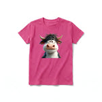 A raspberry short-sleeve crewneck t-shirt for youth featuring a graphic of a farm animal on the front.