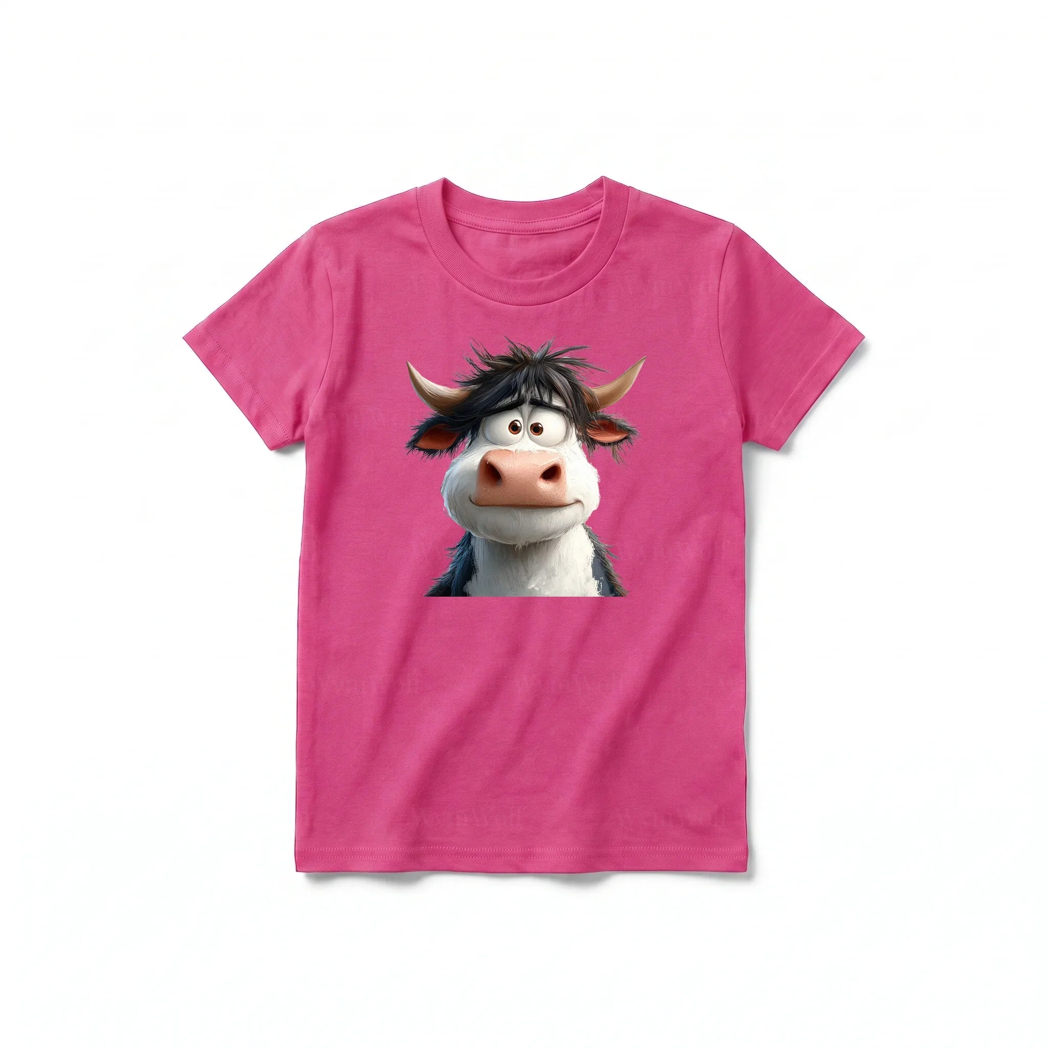 A raspberry short-sleeve crewneck t-shirt for youth featuring a graphic of a farm animal on the front.