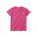 A raspberry short-sleeve crewneck t-shirt for youth featuring a graphic of a farm animal on the left chest.