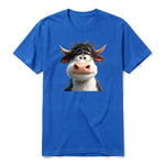 A royal short-sleeve crewneck t-shirt for adult featuring a graphic of a farm animal on the front.