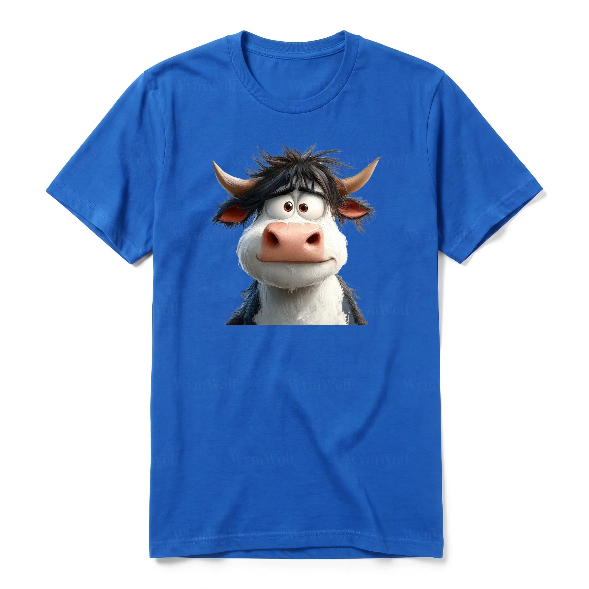 A royal short-sleeve crewneck t-shirt for adult featuring a graphic of a farm animal on the front.