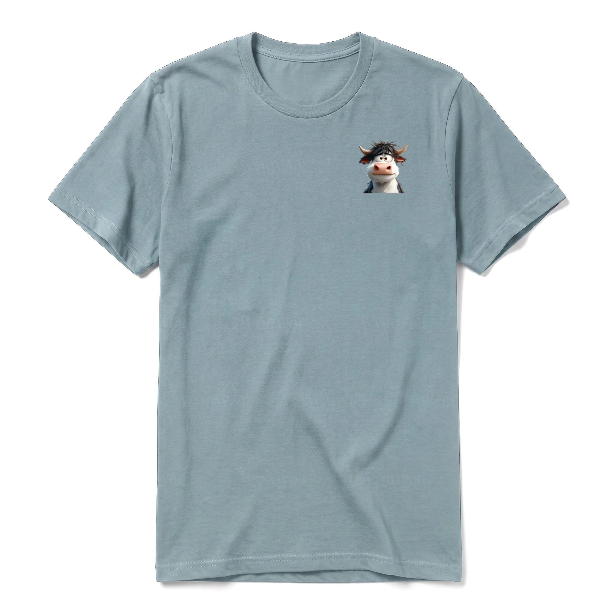 A sage short-sleeve crewneck t-shirt for adult featuring a graphic of a farm animal on the left chest.