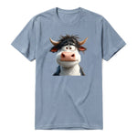 Un T-shirt steel-blue à manches courtes et col rond, orné d'un motif représentant un animal de la ferme sur le devant.