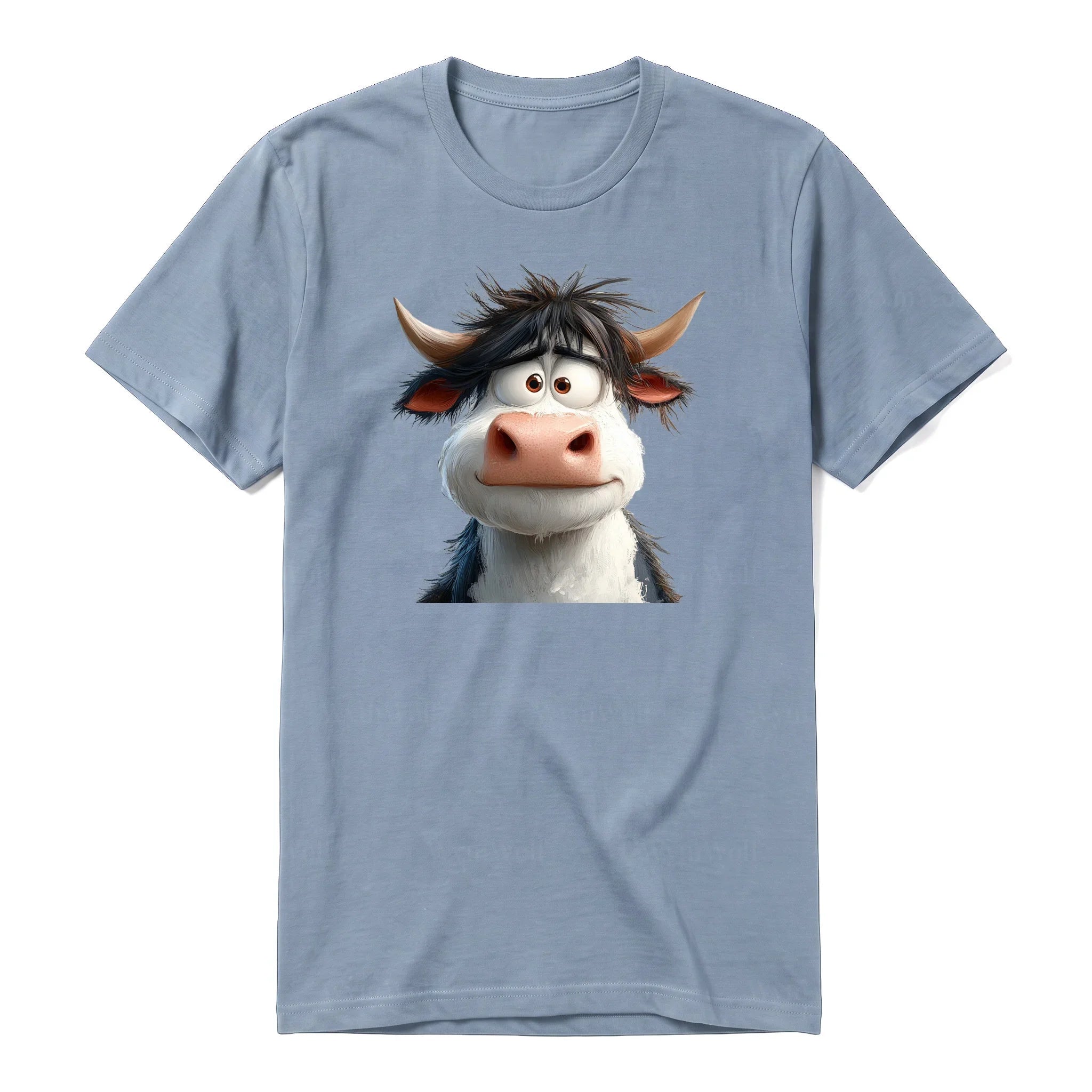 Un T-shirt steel-blue à manches courtes et col rond, orné d'un motif représentant un animal de la ferme sur le devant.