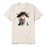 Un T-shirt blanc vintage à manches courtes et col rond, orné d'un motif représentant un animal de la ferme sur le devant.