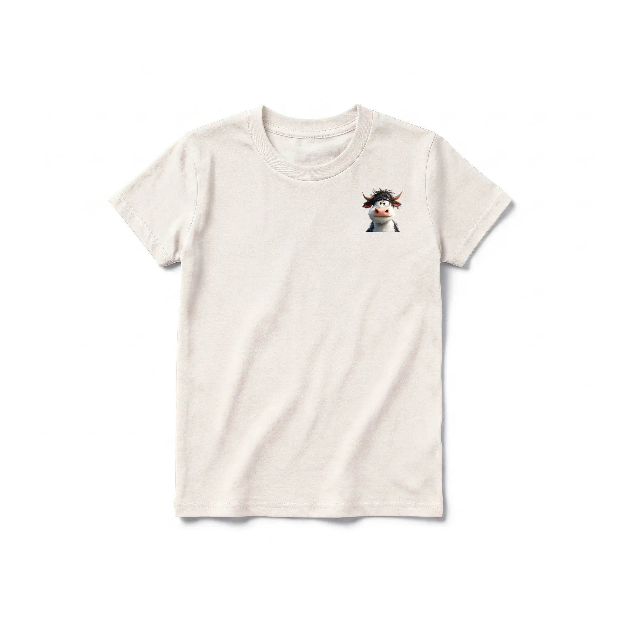 Un T-shirt blanc vintage à manches courtes et col rond pour jeune, orné d'un motif représentant un animal de la ferme sur la poitrine gauche.