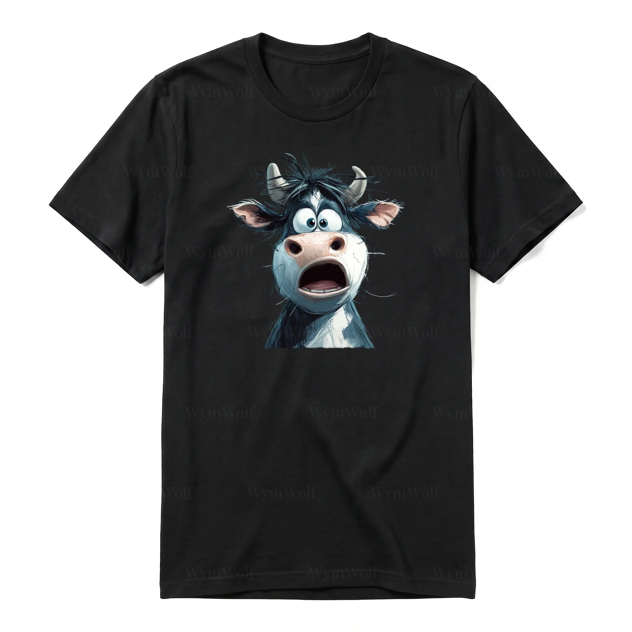 A black short-sleeve crewneck t-shirt for adult featuring a graphic of a farm animal on the front.