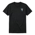 A black short-sleeve crewneck t-shirt for adult featuring a graphic of a farm animal on the left chest.