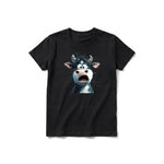 A black short-sleeve crewneck t-shirt for youth featuring a graphic of a farm animal on the front.