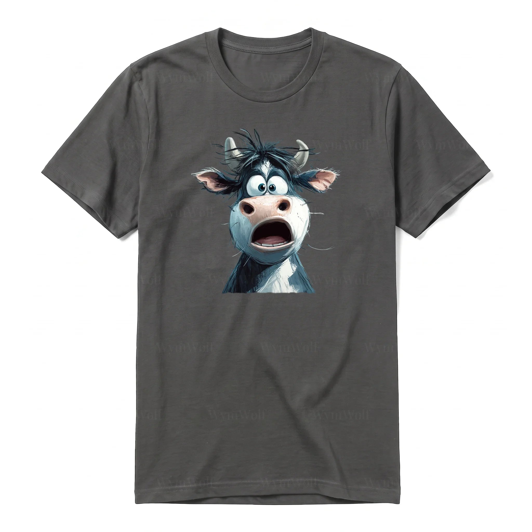 A charcoal short-sleeve crewneck t-shirt for adult featuring a graphic of a farm animal on the front.