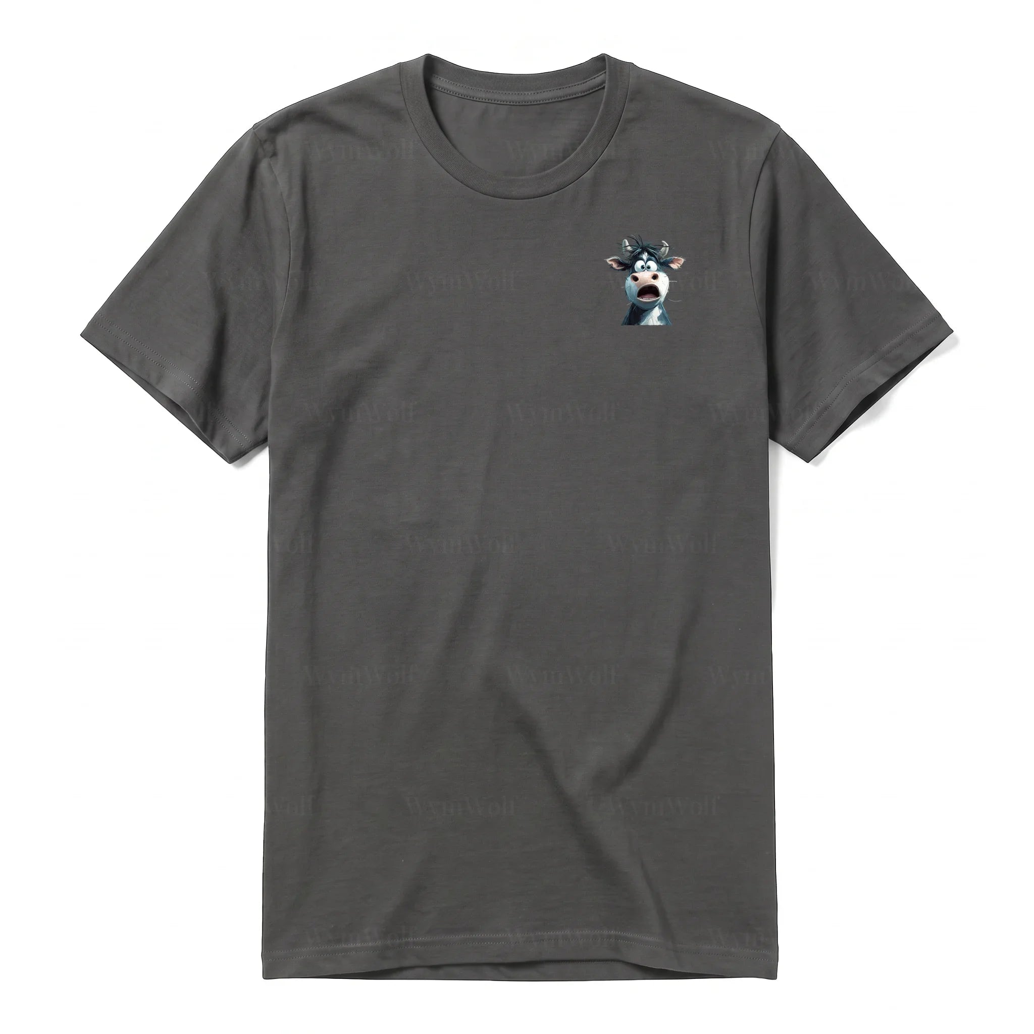 A charcoal short-sleeve crewneck t-shirt for adult featuring a graphic of a farm animal on the left chest.