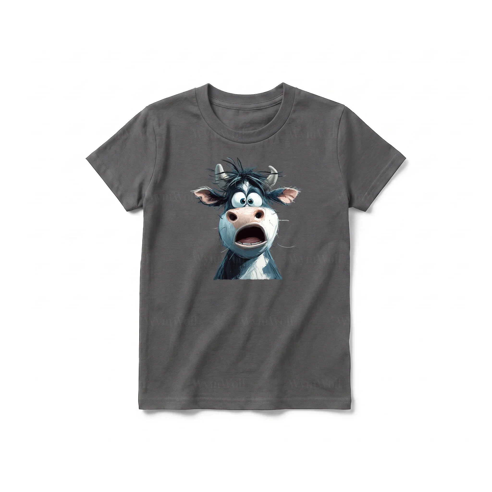 A charcoal short-sleeve crewneck t-shirt for youth featuring a graphic of a farm animal on the front.