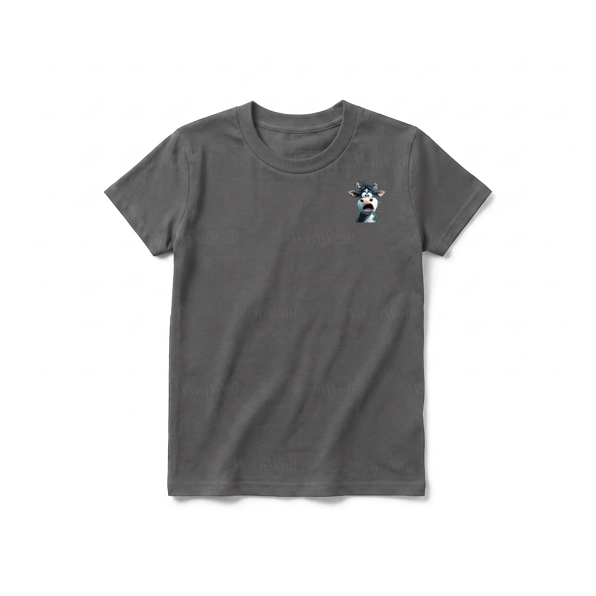 A charcoal short-sleeve crewneck t-shirt for youth featuring a graphic of a farm animal on the left chest.