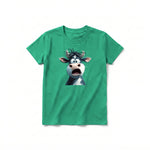 Un T-shirt kelly à manches courtes et col rond pour jeune, orné d'un motif représentant un animal de la ferme sur le devant.