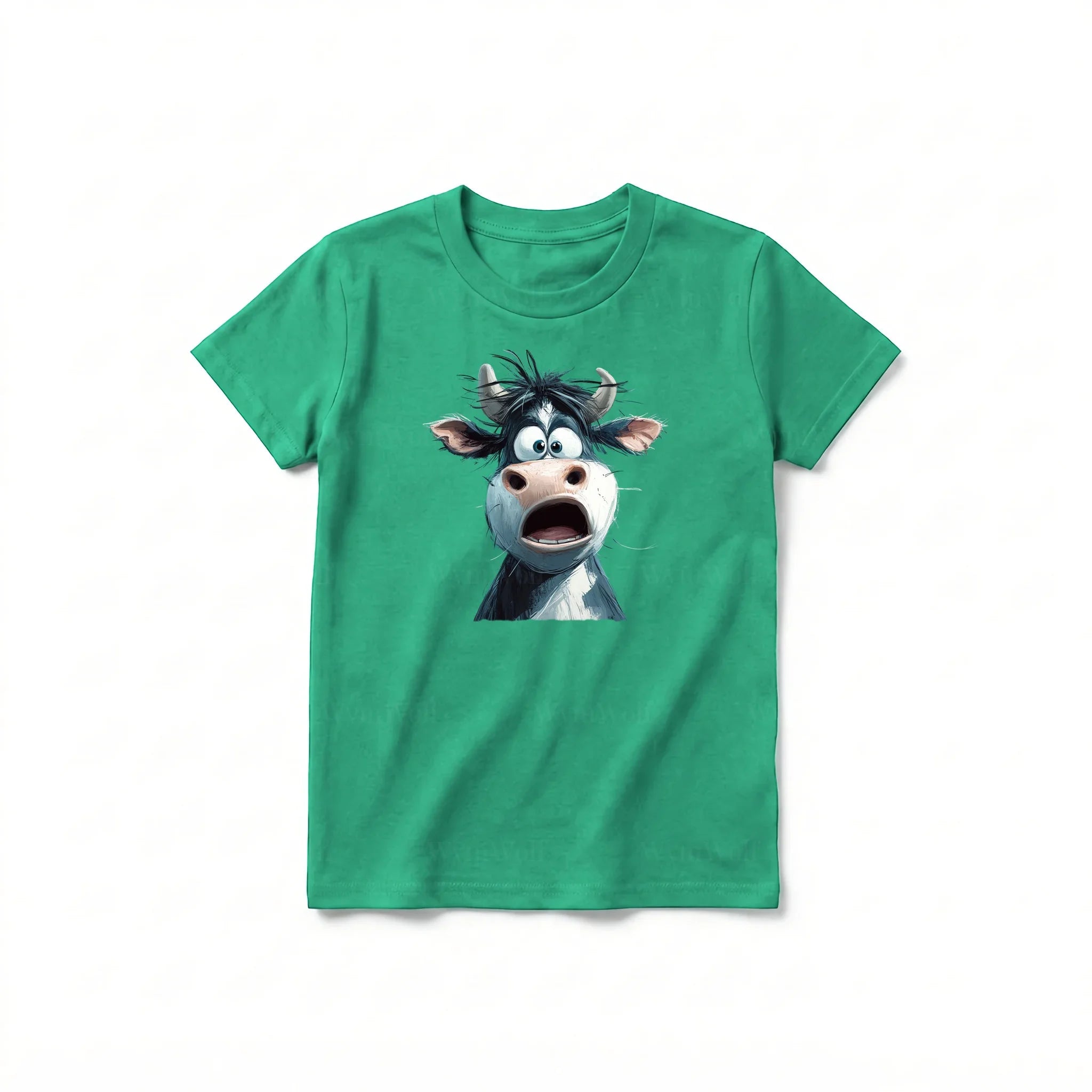 Un T-shirt kelly à manches courtes et col rond pour jeune, orné d'un motif représentant un animal de la ferme sur le devant.