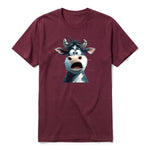 A maroon short-sleeve crewneck t-shirt for adult featuring a graphic of a farm animal on the front.