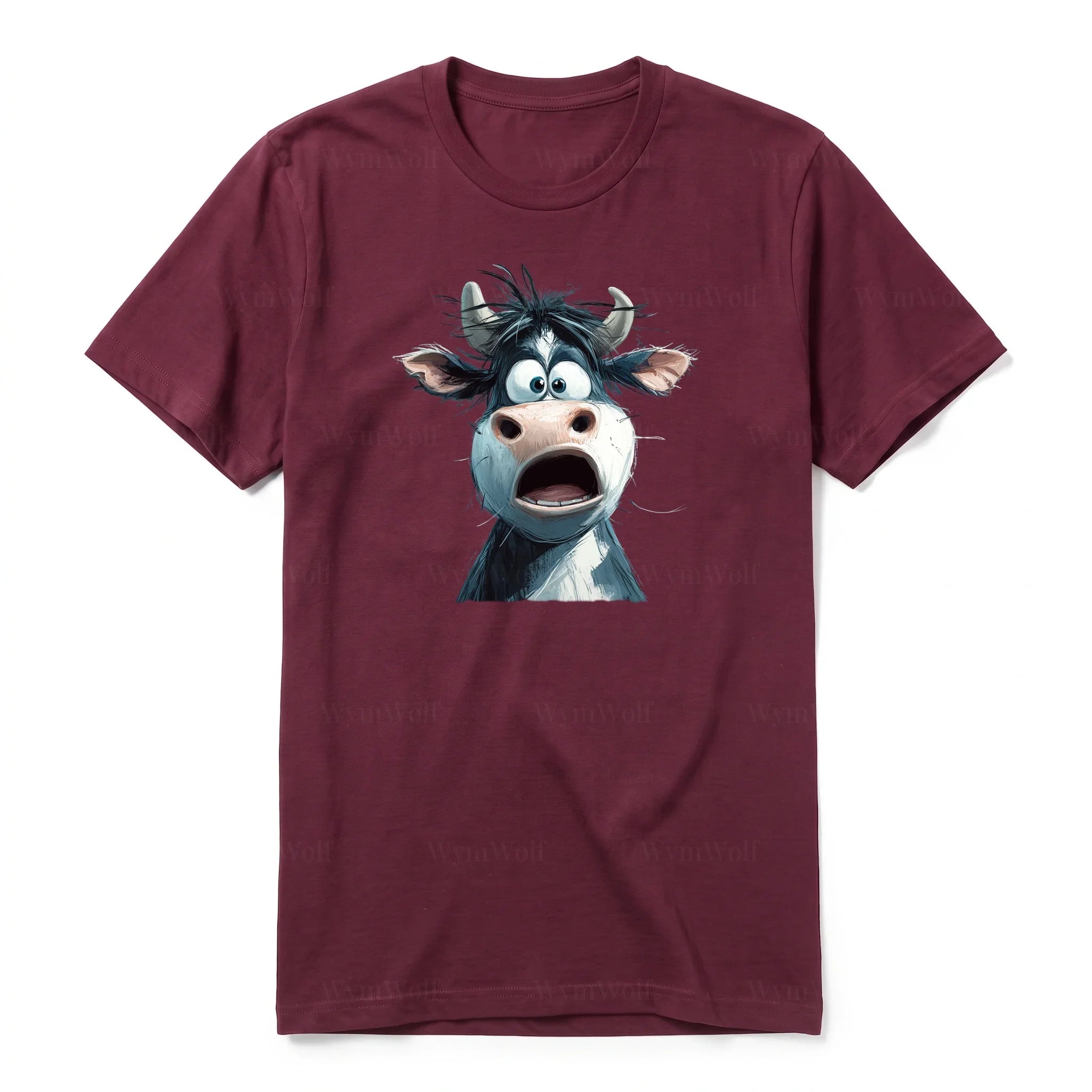 A maroon short-sleeve crewneck t-shirt for adult featuring a graphic of a farm animal on the front.