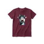 A maroon short-sleeve crewneck t-shirt for youth featuring a graphic of a farm animal on the front.