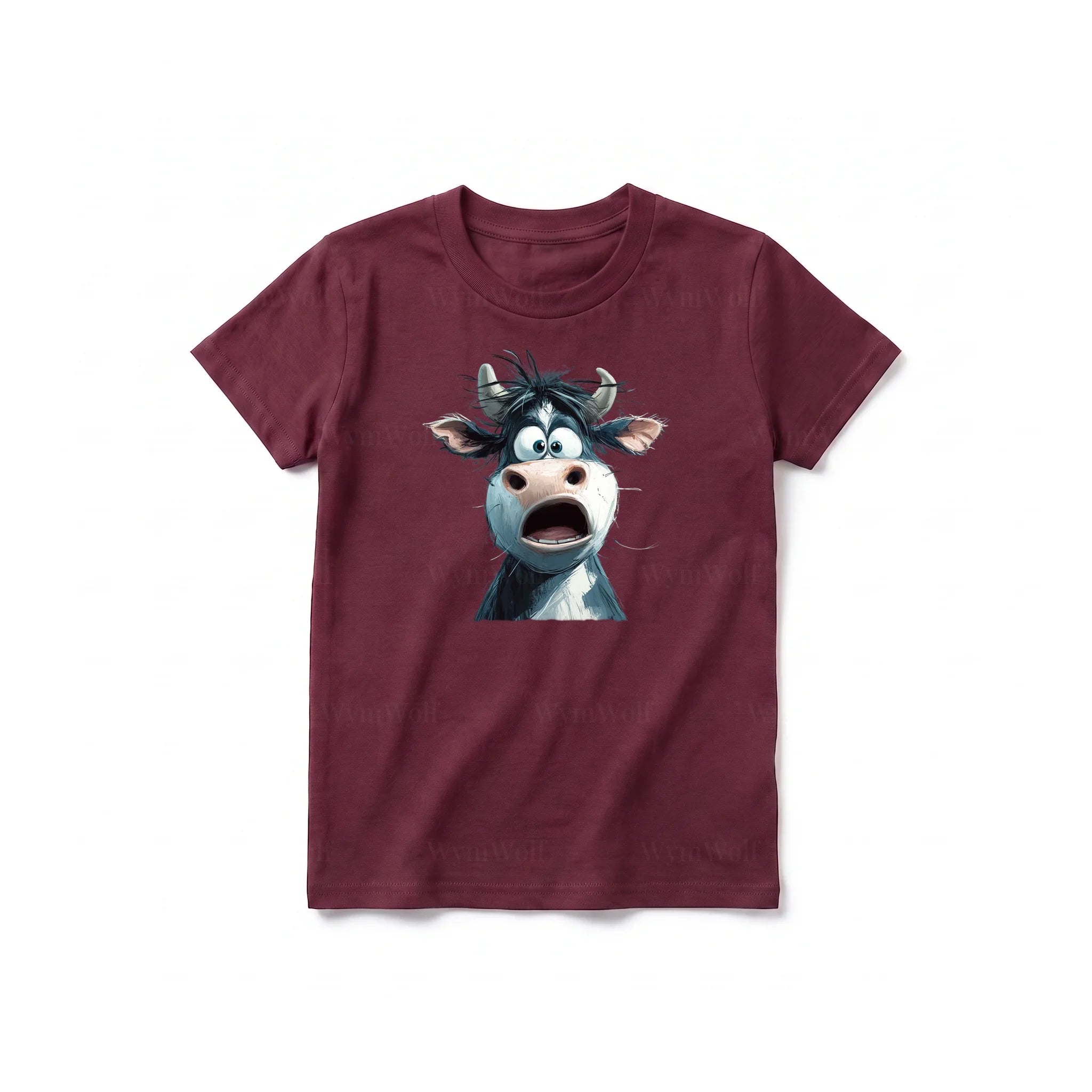 A maroon short-sleeve crewneck t-shirt for youth featuring a graphic of a farm animal on the front.