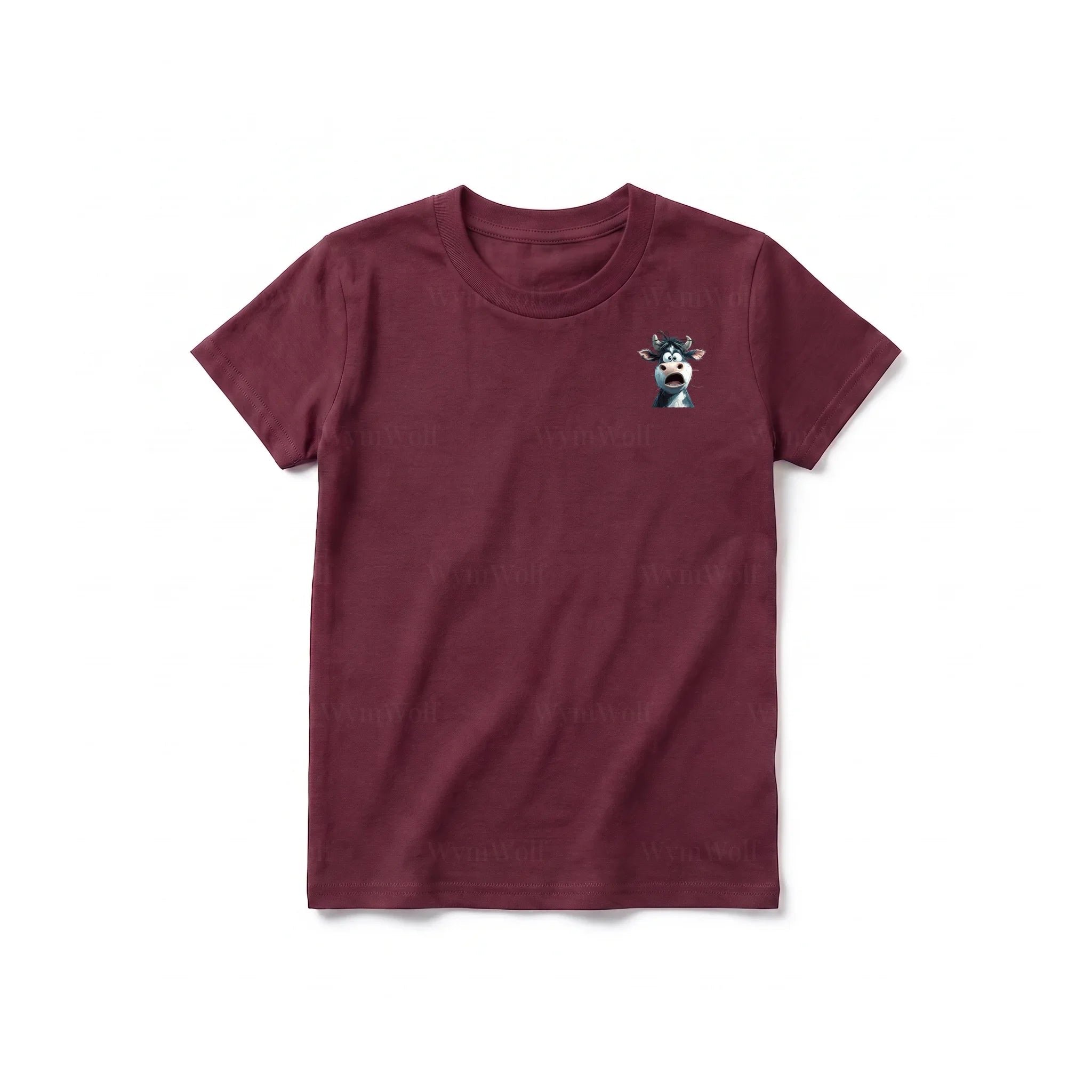 A maroon short-sleeve crewneck t-shirt for youth featuring a graphic of a farm animal on the left chest.