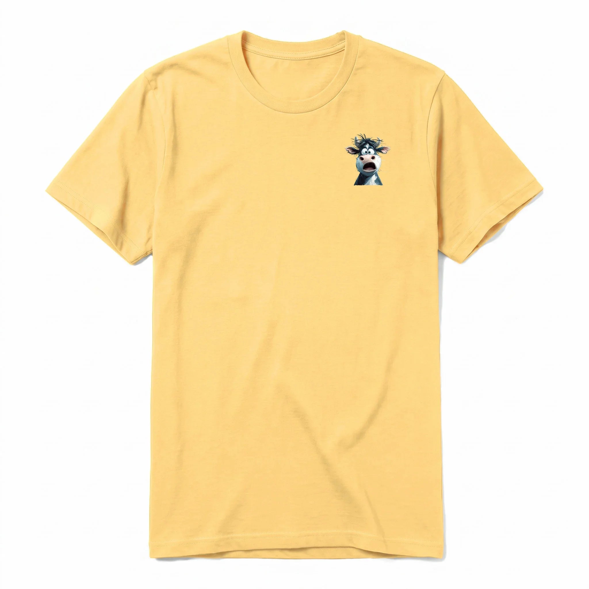 Un T-shirt moutarde à manches courtes et col rond, orné d'un motif représentant un animal de la ferme sur la poitrine gauche.