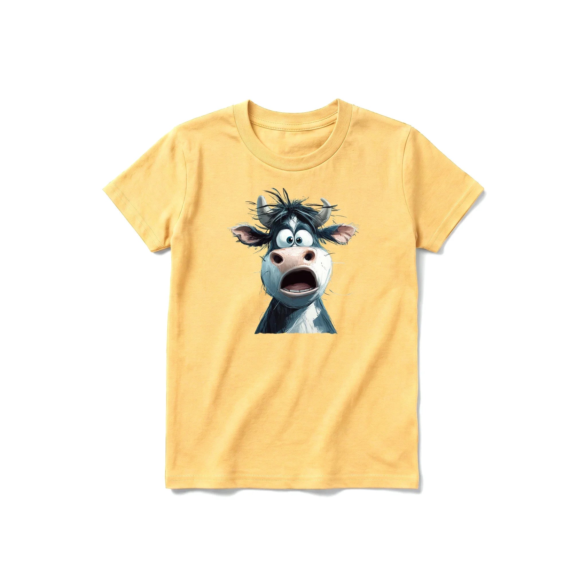 Un T-shirt moutarde à manches courtes et col rond pour jeune, orné d'un motif représentant un animal de la ferme sur le devant.