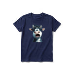 A navy short-sleeve crewneck t-shirt for youth featuring a graphic of a farm animal on the front.