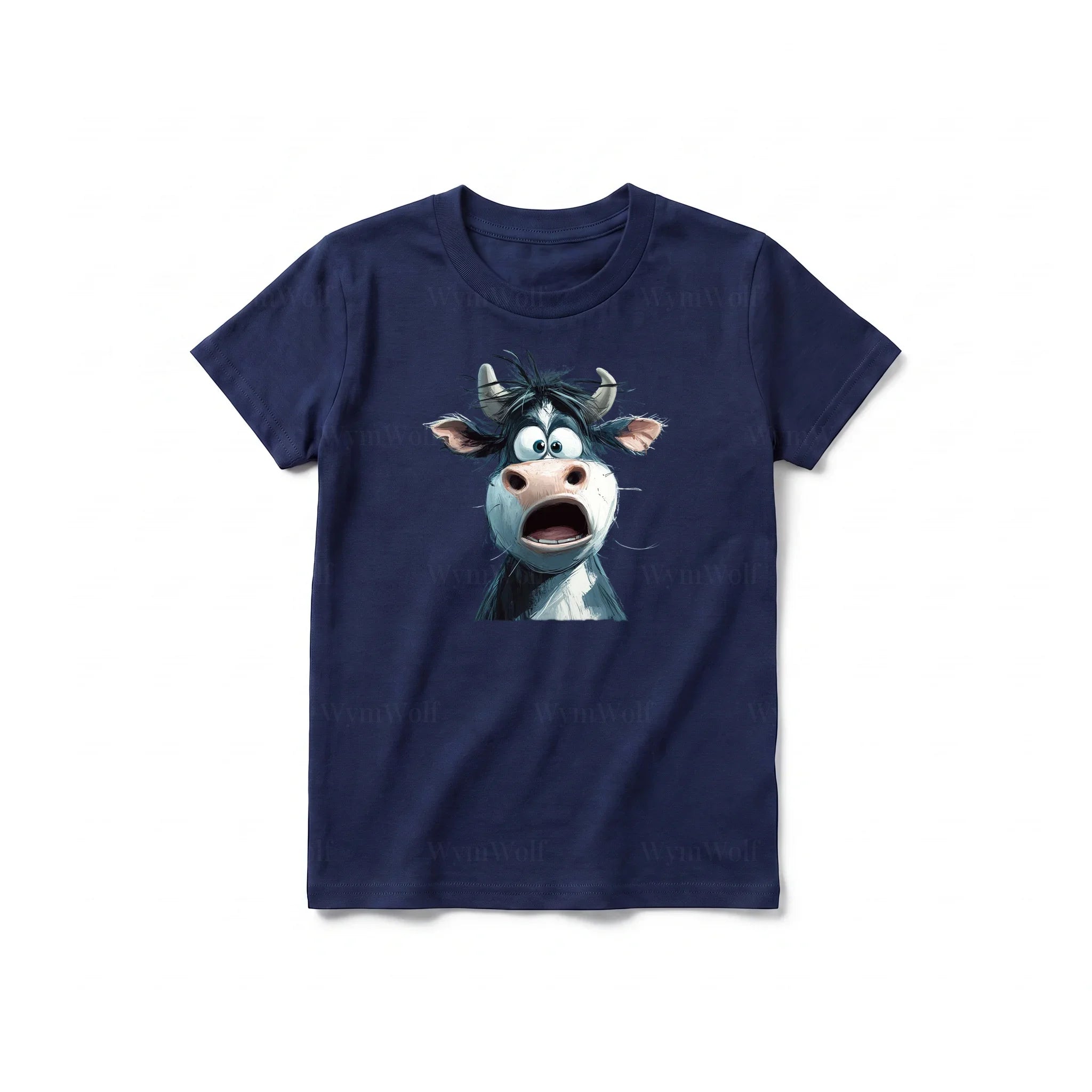 A navy short-sleeve crewneck t-shirt for youth featuring a graphic of a farm animal on the front.