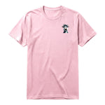 A pink short-sleeve crewneck t-shirt for adult featuring a graphic of a farm animal on the left chest.