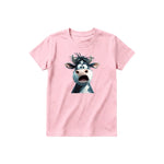 A pink short-sleeve crewneck t-shirt for youth featuring a graphic of a farm animal on the front.