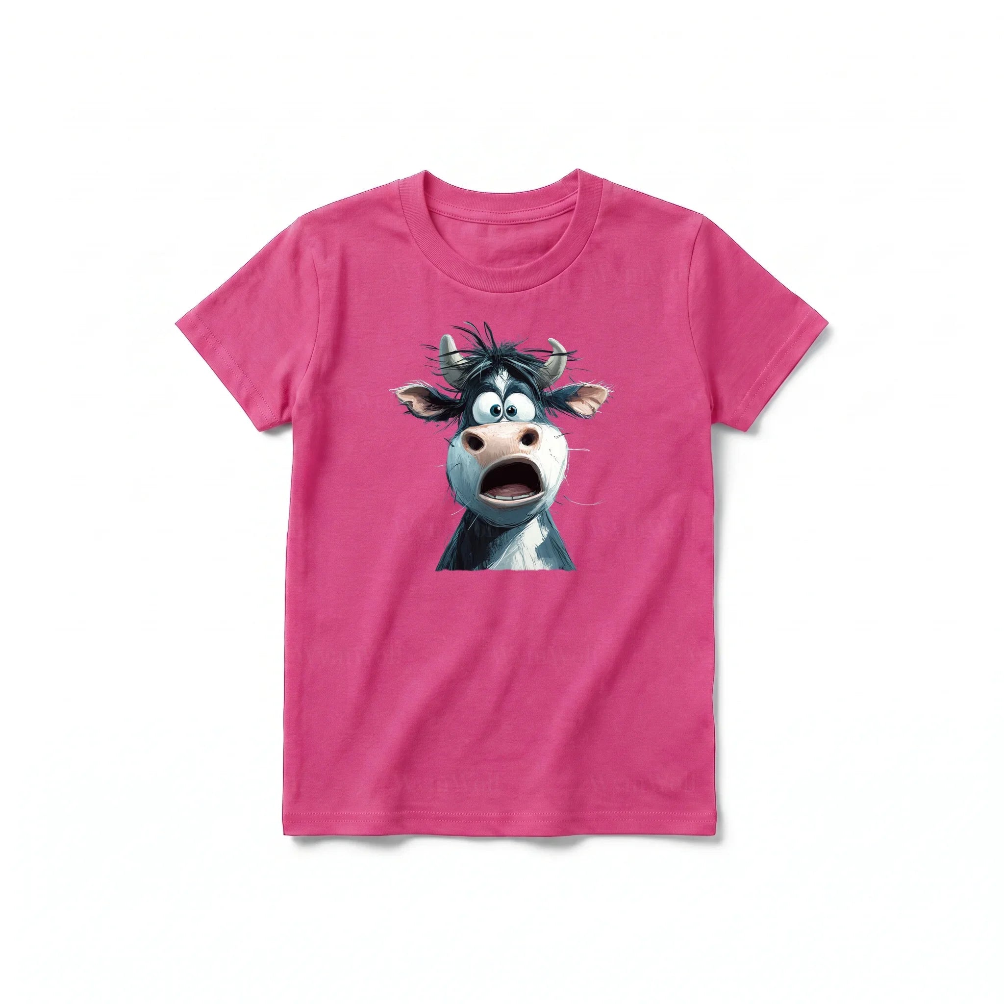 A raspberry short-sleeve crewneck t-shirt for youth featuring a graphic of a farm animal on the front.
