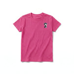 A raspberry short-sleeve crewneck t-shirt for youth featuring a graphic of a farm animal on the left chest.
