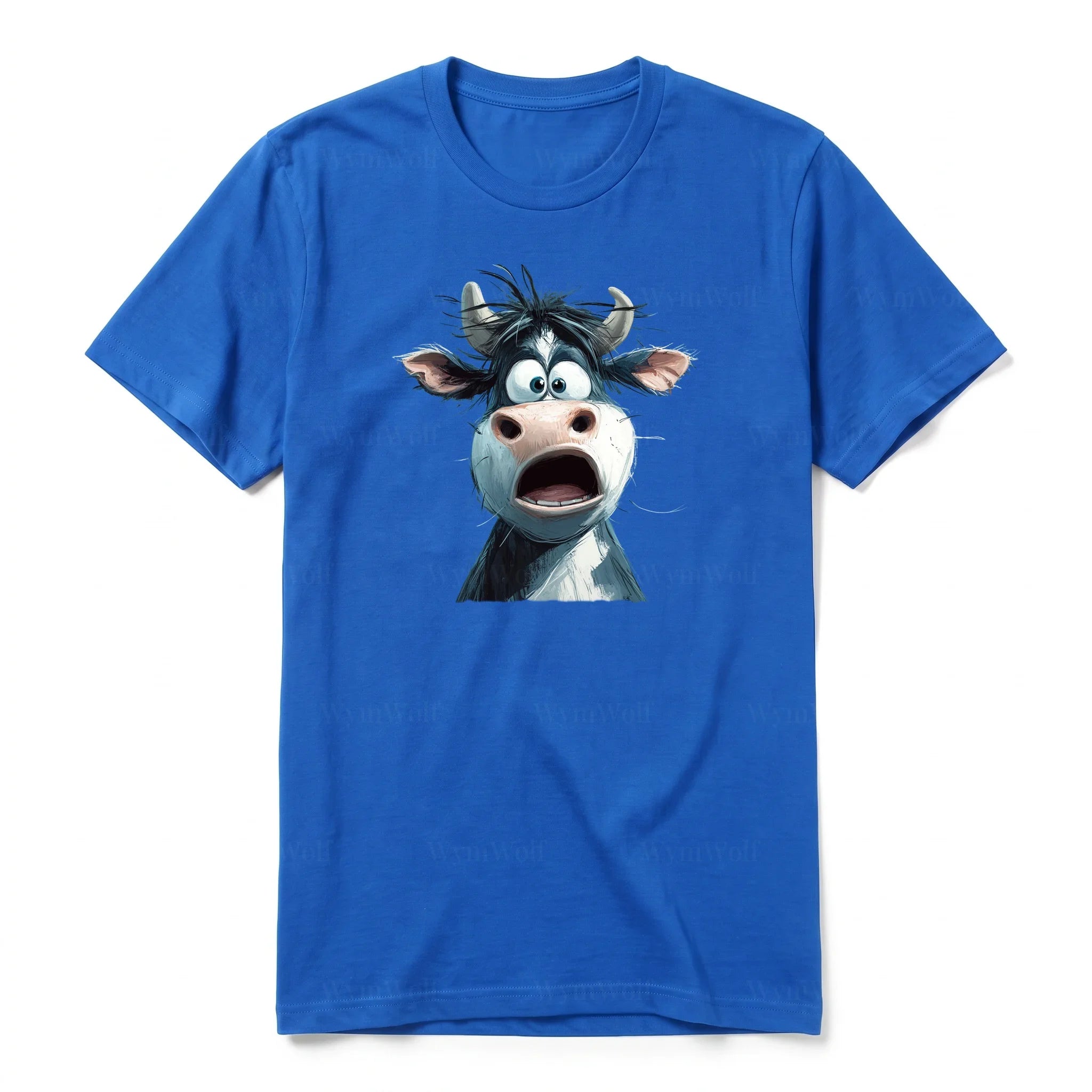 A royal short-sleeve crewneck t-shirt for adult featuring a graphic of a farm animal on the front.